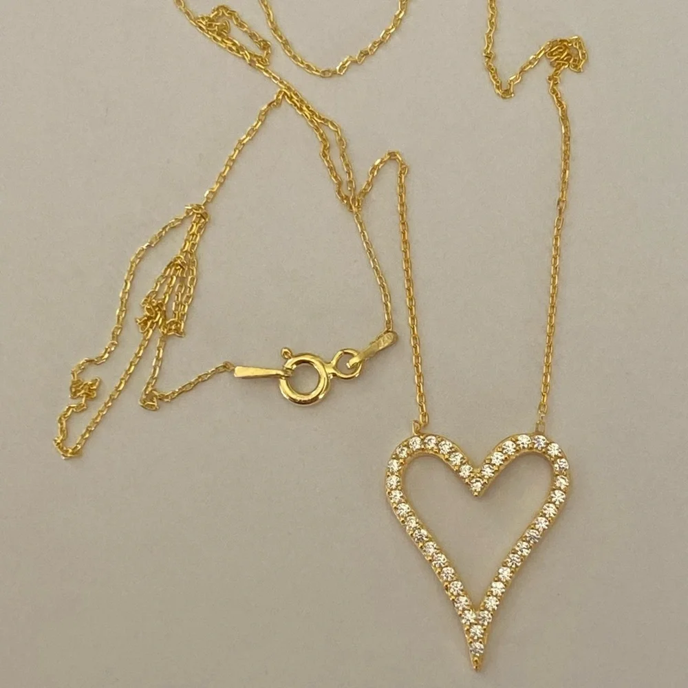 💖925 Silver necklace heart love cz stones 18k yellow gold plated